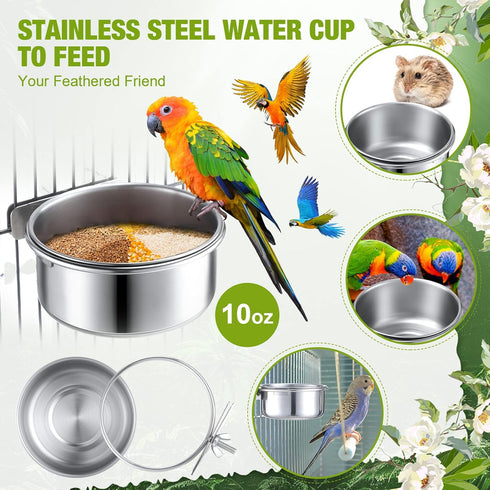 Sabary 6 Pieces Stainless Steel Pet Feeder Water Bowls, 10 oz Bird Parrot Feeders with Holder for Small Animals