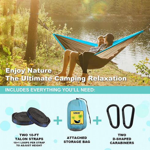 SZHLUX Camping Hammock Double & Single Portable with 2 Tree Straps and Carry Bag, Great for Outdoor, Indoor, Beach
