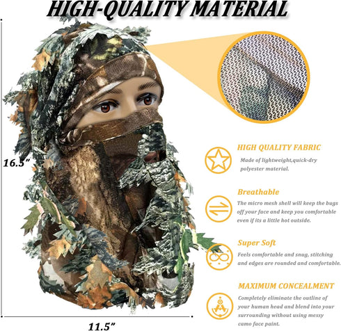 Ghillie Camouflage Leafy Hat with Camo 3D Leaf Face Mask, Full Coverage Breathable Hunting Mask Accessories