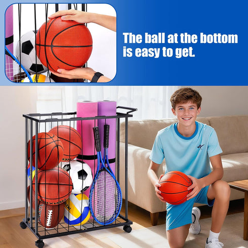 TOBWOLF Large Garage Ball Storage Rack with Wheels, Sports Equipment Organizer Rolling Ball Storage Cart, Freestanding