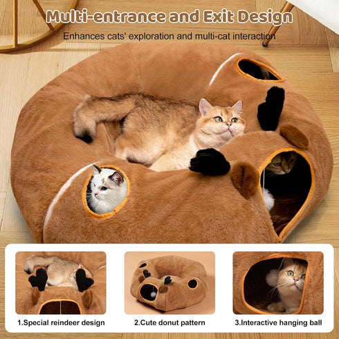 20 3-in-1 Cat Tunnel Bed with Pcs Interactive Toys, DIY Collapsible Plush Cat Tube with Washable Mat, Large Indoor Play