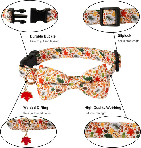 ADOGGYGO Fall Dog Collar with Bow - Adjustable Thanksgiving Collars with Removable Bowtie for Small Medium Large Dogs