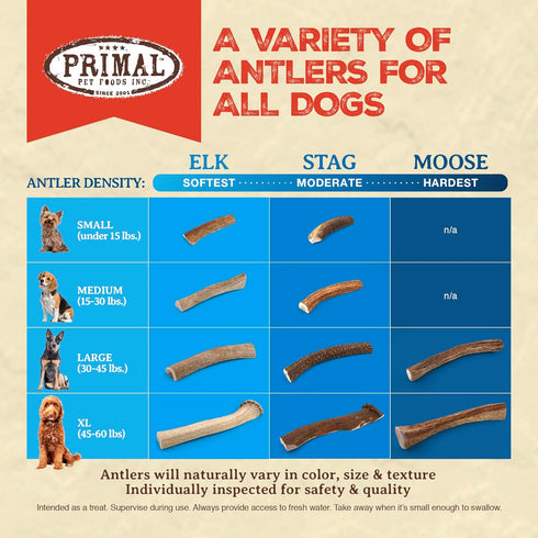 Primal Antlers for Dogs - Grade A Split Elk Antlers for Large Dogs 30-45 lb - Long Lasting Chews