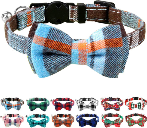 Joytale Upgraded Cat Collar with Bells, Breakaway Safety Plaid Bow Tie Collar for Girls and Boys, Haze Blue