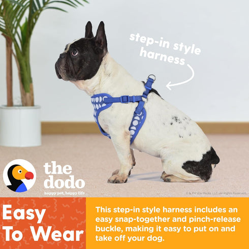 The Dodo Dog Harness, Blue Dodo Print, Size Medium; Easy Step-in Harness with Breathable Mesh Fabric