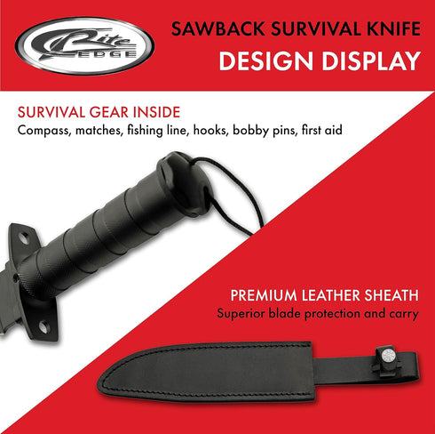 SZCO Supplies 14” Black Steel Handle Sawback Knife - Outdoor Activity/Survival Knife with Leather Sheath, 203442-BK