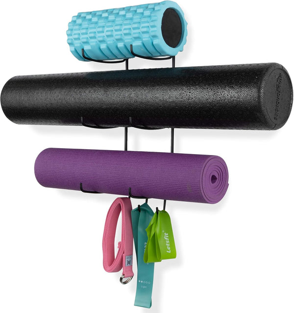 Wallniture Guru Wall Mount Yoga Mat Rack - Foam Roller and Towel Rack with 3 Hooks for Yoga Strap
