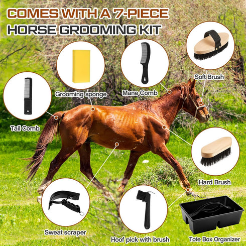 8 Pc Horse Grooming Kit - Includes Grooming Box, Face & Body Brush, Sweat Scraper, Hoof Pick, Mane & Tail Comb, Bathing