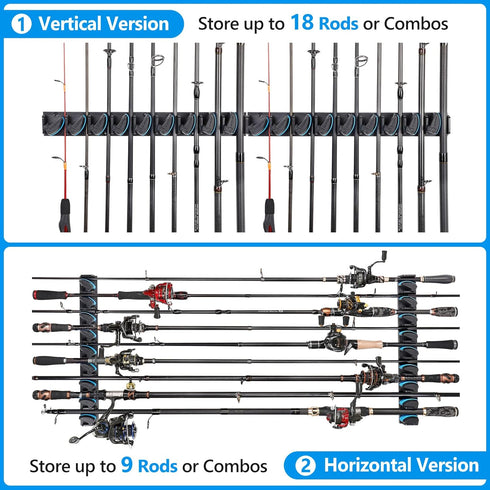 PLUSINNO 2 Pack Vertical Fishing Rod Rack - Wall Mounted Holders for 18 Rods