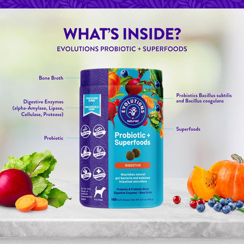 NaturVet Evolutions Probiotic & Superfoods Soft Chews for Dogs, 180ct - Digestive Enzymes, Bone Broth, Omega's