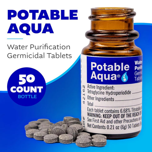Potable Aqua Water Purification Treatment, Portable Drinking Water Treatment for Camping, 50 Tablets, Black, Single Pack