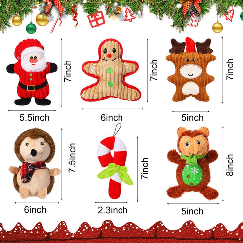 6 Pcs Christmas Squeaky Dog Toys Stuffed Dog Christmas Toys with Squeaker, Teeth Cleaning Plush Dog Toys for Small Medium Large Dogs, Interactive Puppy Toys Pack