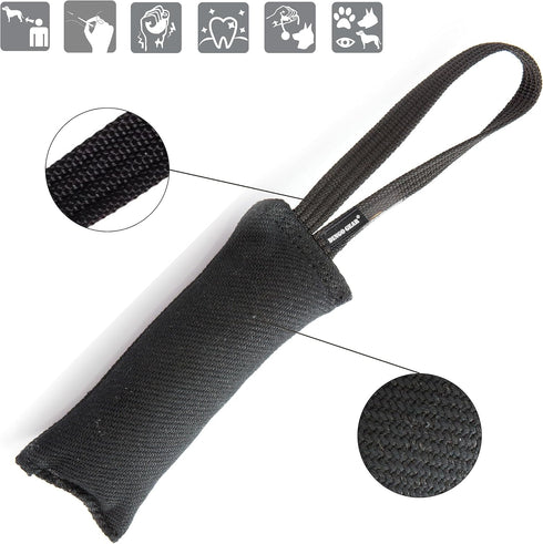 Dingo Gear Tug Toy for Dog Training, Agility Tug of War, French Linen Dog Bumper with Handle, 11" black