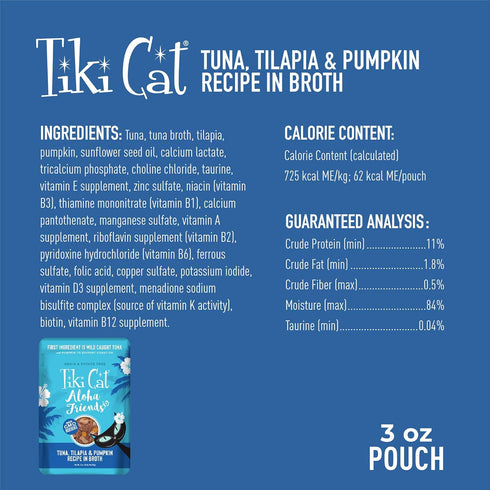 Tiki Cat Aloha Friends, Tuna, Tilapia & Pumpkin, Grain-Free Wet Cat Food, 3 oz. Pouch (Pack of 12)
