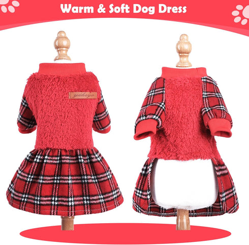 Small Dog Christmas Sweater Dress, Red Plaid Xmas Winter Outfit for Girls, Holiday Clothing Pet Apparel