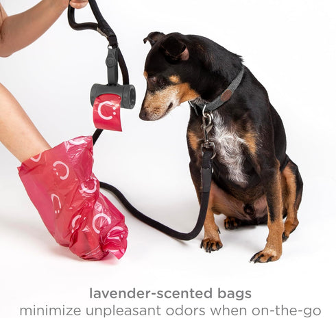 2 Ubbi Retractable Dog Poop Bag Holder and Dispenser with Silicone Strap Leash Attachment, Includes Rolls of Lavender
