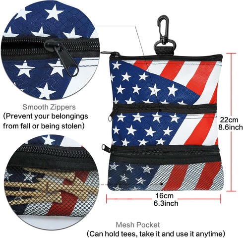 Golf Bag Accessories Valuables Pouch Bags - Multi Pocket Zipper Hook with 10 Pcs Wood Golf Tees for Men Women