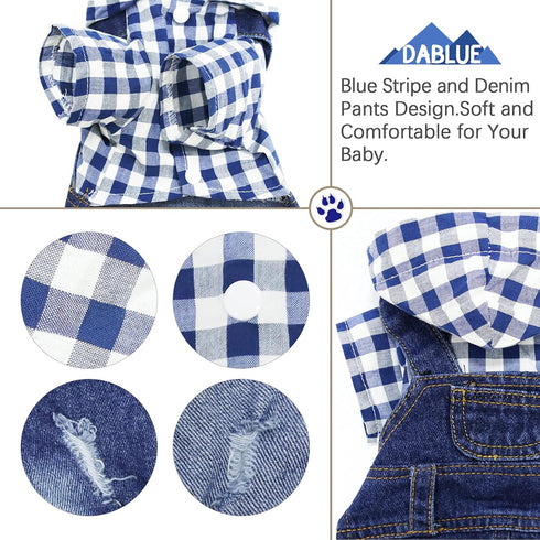 Pet Clothes Denim Dog Jeans, Striped or Grid Jumpsuit Overall Hoodie Coat for Small Medium Dogs