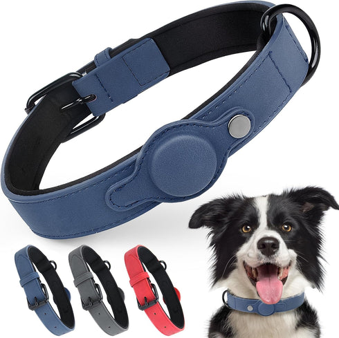 PetiFine AirTag Dog Collar, Leather Collar with Airtag Holder, Soft Padded Adjustable for Small Medium Large Dogs (L,