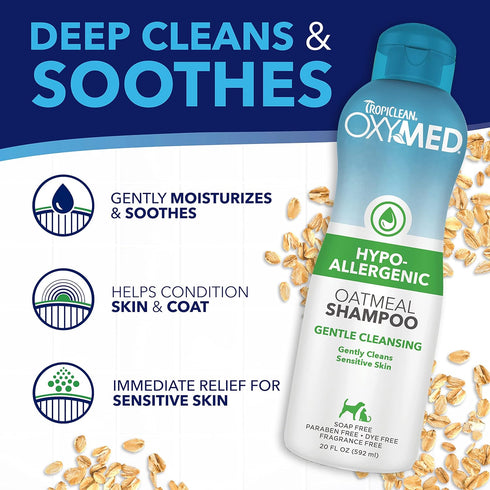 TropiClean Oxymed Sensitive Skin Cat & Dog Shampoo | Skin Soothing Oatmeal Shampoo for Pets 20 oz