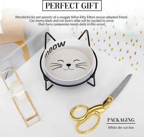 Pavilion Meow Kitty Cat Ceramic Dish Bowl, 13 oz Food Water Meal Time Stoneware with Metal Iron Stand, Pet Accessories