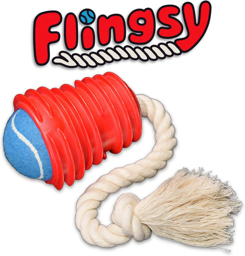 Made in USA Flingsy Dog Ball Launcher, Combination Throwing Toy with 100% Natural Cotton Rope Tug Fetch Thrower