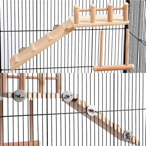 Bird Perches Platform Swing with Climbing Ladder, Sturdy Wooden Playing Gyms for Small Birds