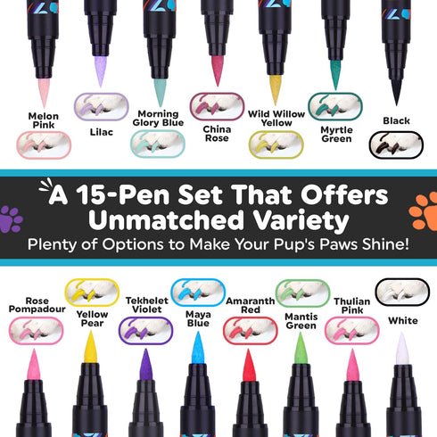 Dog Nail Polish Pens Quick Dry 15 Colors - Easy Application, Dog Safe Nail Polish for Dogs and Cats