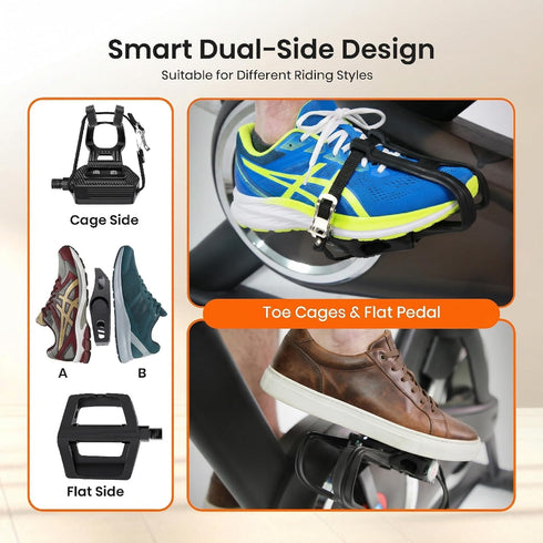 9/16'' 500lb Bike Pedals with Toe Cages for Regular or Clipless Shoes, Spindle, Compatible with Mountain Road Bikes
