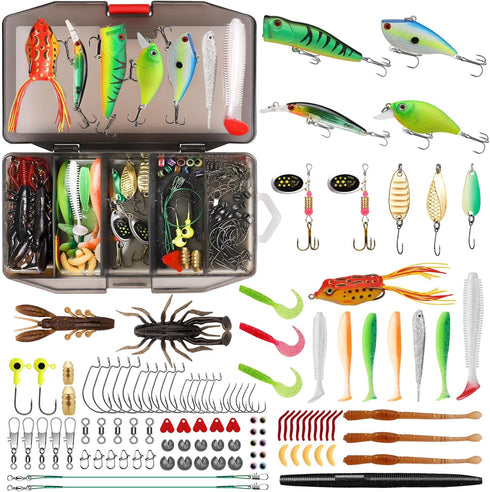 GOTOUR Fishing Lures Accessories Kit with Tackle Box, Fishing Hooks Minnow Crankbait Frog Popper Lure Worm Fishing