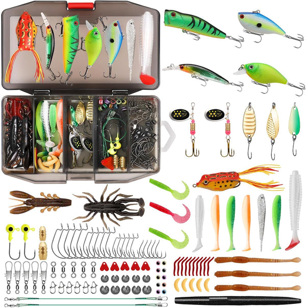 GOTOUR Fishing Lures Accessories Kit with Tackle Box, Fishing Hooks Minnow Crankbait Frog Popper Lure Worm Fishing