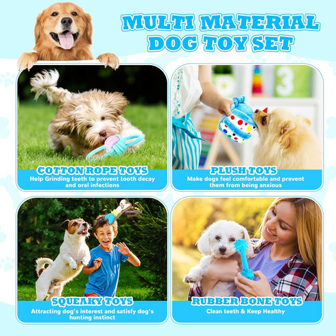 11 Pcs Dog Birthday Toy Set - Puppy Birthday Cake, Squeaky Toys, Plush Toy, Rope Toys, Gift Box (Blue)