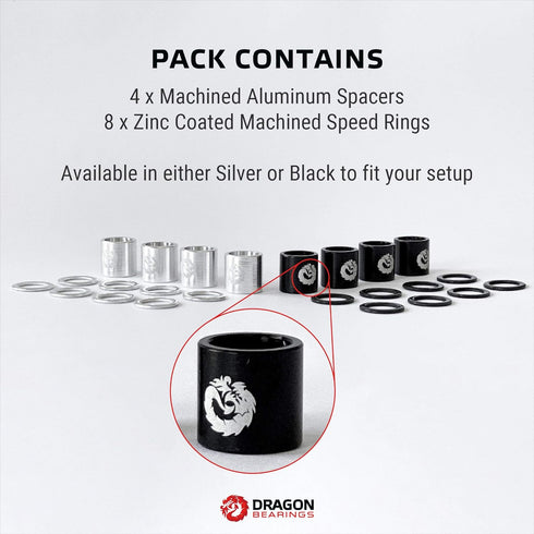Fireball Dragon Precision Aluminum Spacers and Speed Rings Set for Skateboards and Longboards - 4X Spacers, 8X Washers