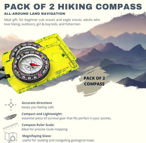 Pack of 2 Orienteering Compass, Hiking Compasses for Kids, Magnetic Gear Set for Navigation, Camping, Hunting