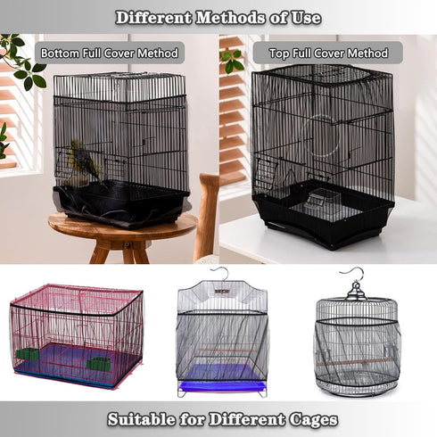 Bird Cage Seed Catcher - Adjustable Net Cover for Bird Cages, Seed Catcher Guard Net for Parrots and Macaws, Black