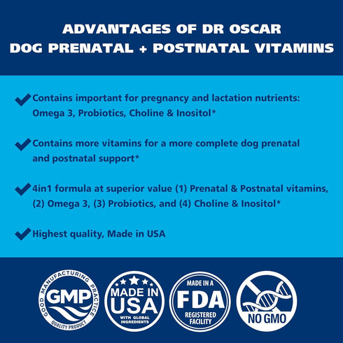 Dog Prenatal Vitamins - 90 Tablets with Omega 3, Probiotics, Choline & Inositol, Key for Mother & Puppies