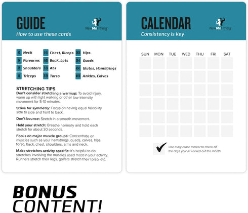 NewMe Fitness Stretching Workout Cards, Instructional Fitness Deck for Women & Men, Beginner Fitness Guide to Training
