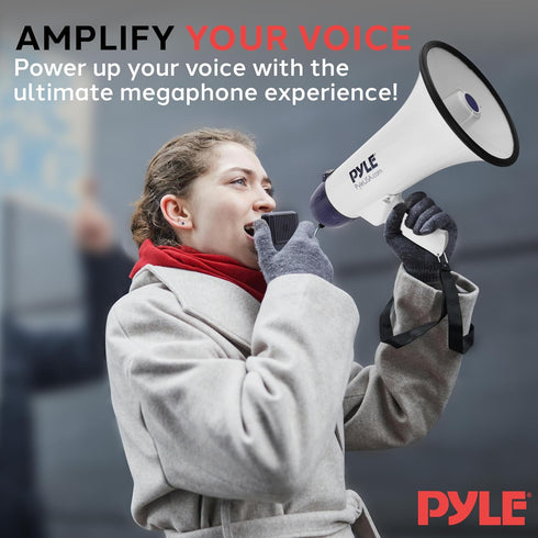 Pyle Compact Portable PA Megaphone Speaker - 50W Handheld Bullhorn with LED Flashlight, Alarm Siren