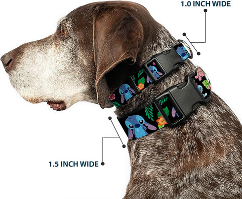 Buckle-Down Plastic Clip Collar - OHANA MEANS FAMILY/Stitch & Scrump Poses/Tropical Flora, Small, 9-15" Neck