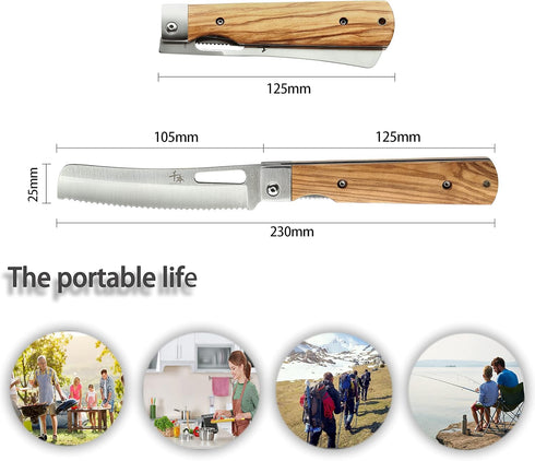 SENBON Japanese Bread Knife - 440A Stainless Steel Pocket Folding Knife, Natural Olive Handle, Serrated Camping Knife