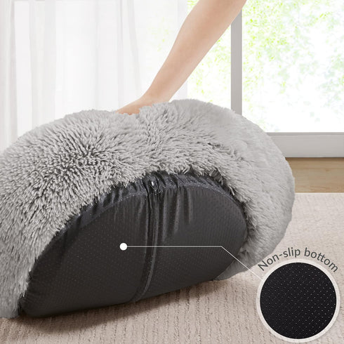 Friends Forever Grey Serena Donut Memory Foam Orthopedic Dog Bed, Soft Faux Fur Oval Cat Couch, Machine Washable