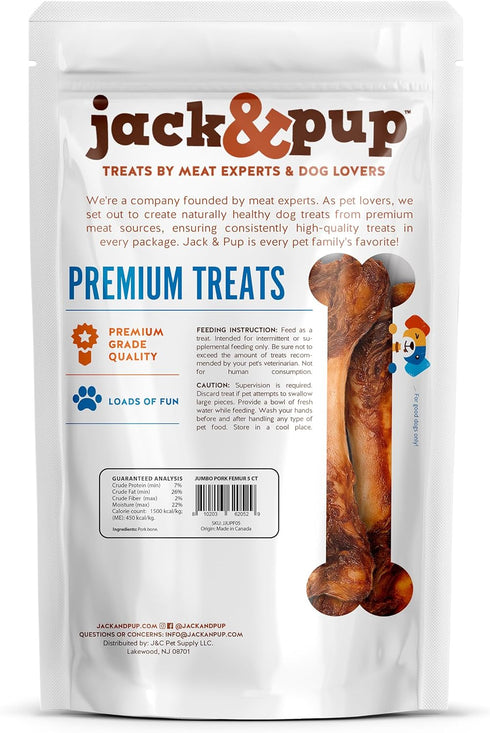 (5 Pack) Jack&Pup Jumbo Pork Femur Bones for Dogs Long Lasting | Gourmet Beef Dog Bones | Single Ingredient, Savory