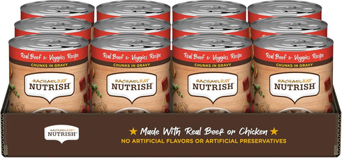 13 oz. 12 Count, Packaging Nutrish Real Beef & Veggies Recipe Whole Health Blend Chunks in Gravy Wet Dog Food, Can, May