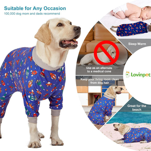 LovinPet Large Dog Pajamas, Navy Rocket and Spaceship Print, Lightweight Stretchy Knit Onesies for Dogs