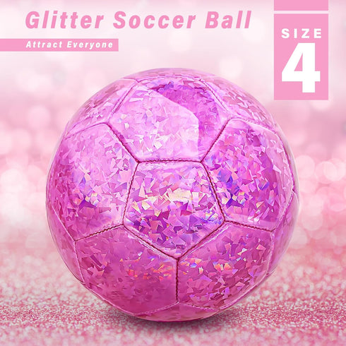 Size 4 Glitter Pink Soccer Ball for Kids Aged 4-12, Outdoor Sports Training Ball for Recreation and Birthday