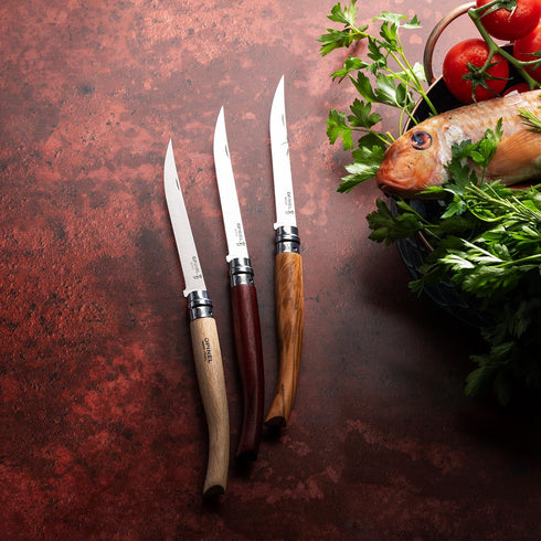 Opinel Effile Slimline Series Folding Fillet Knife, Slim Blade Folding Knife with Virobloc Locking Collar, Olivewood