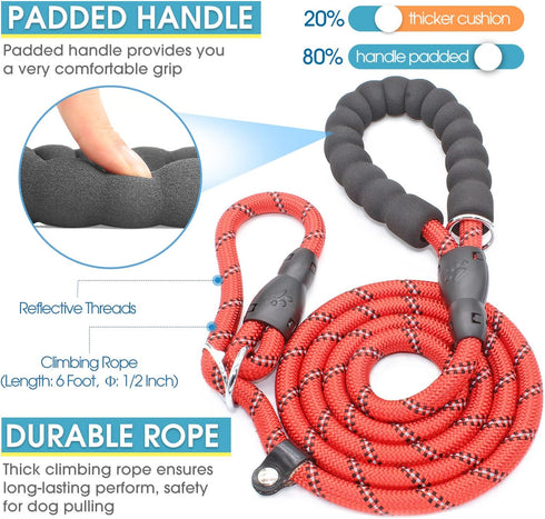 BAAPET 6 Feet Slip Lead Dog Leash, Anti-Choking with Upgraded Durable Rope Cover and Padded Handle, Red