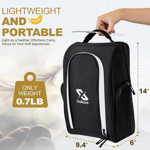 Golkcurx Black Golf Shoe Bag for Travel, Zippered Sport Shoe Carrier with Side Accessory Pockets