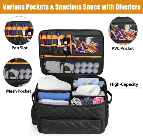 Golf Car Storage Organizer with 2 Layer Trunk, Ventilated Compartment for 2 Pairs Shoes, Balls, Clothes, Accessories