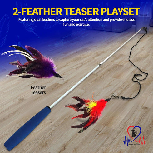Pet Fit For Life Cat Feather Wand Toys, Red - Interactive Cat Wand Toy for Indoor Pets, 2 Feather Attachments